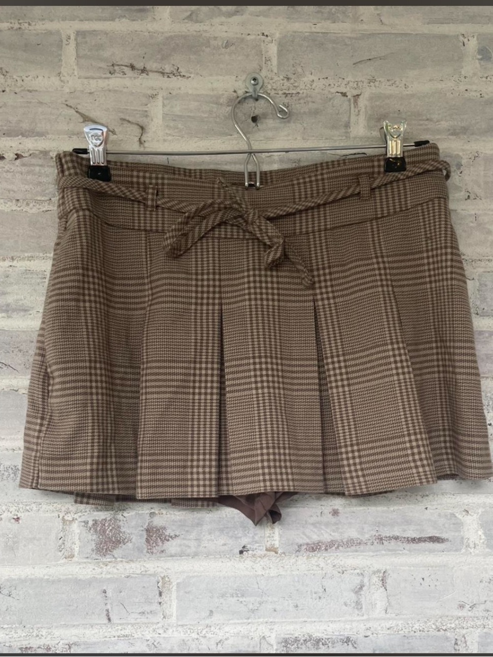 Hollister Brown Plaid Pleated Mini Skort with Waist Tie